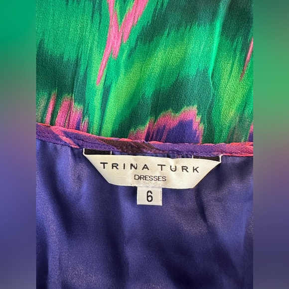 TRINA TURK Ruffle Dress Braided Neckline Colorful Eclectic Printed Jewel Tones - Picture 9 of 11